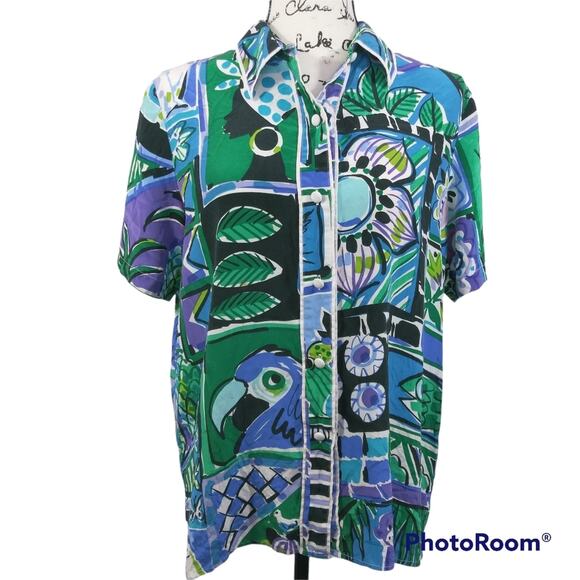 Bob Mackie Vintage Wearable Art Blue Green Print Button Front Artsy Top SZ M - Picture 1 of 12